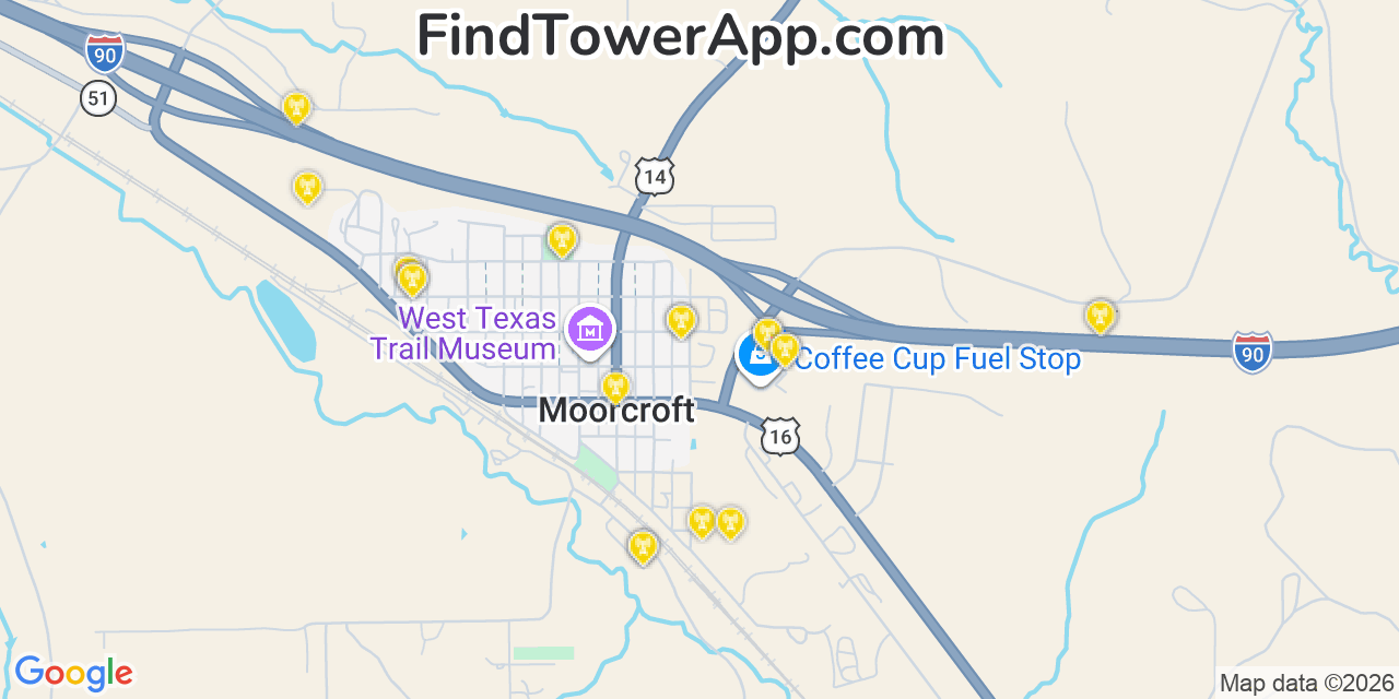 Map showing the 20 primary cell tower locations detected in Moorcroft, Wyoming from AT&T, Verizon, and T-Mobile networks