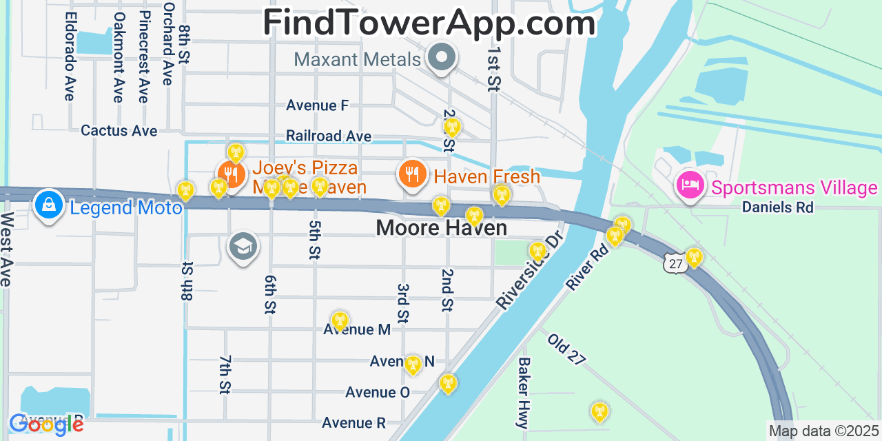 Map showing the 20 primary cell tower locations detected in Moore Haven, Florida from AT&T, Verizon, and T-Mobile networks