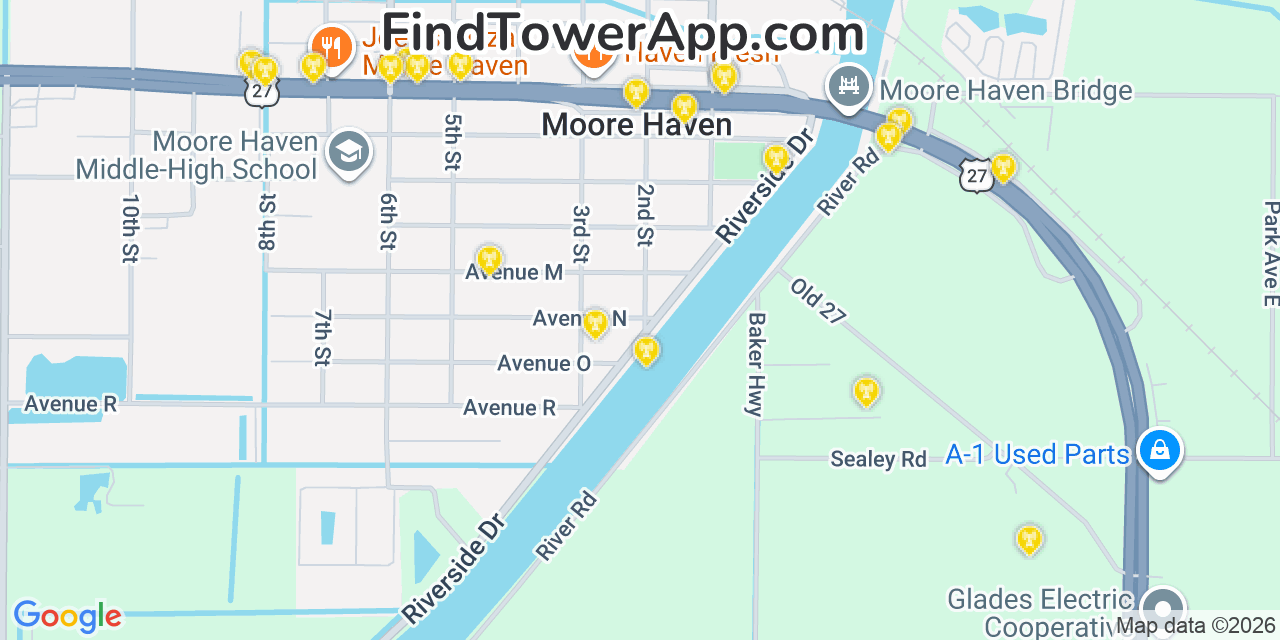 Map showing the 20 primary cell tower locations detected in Moore Haven, Florida from AT&T, Verizon, and T-Mobile networks