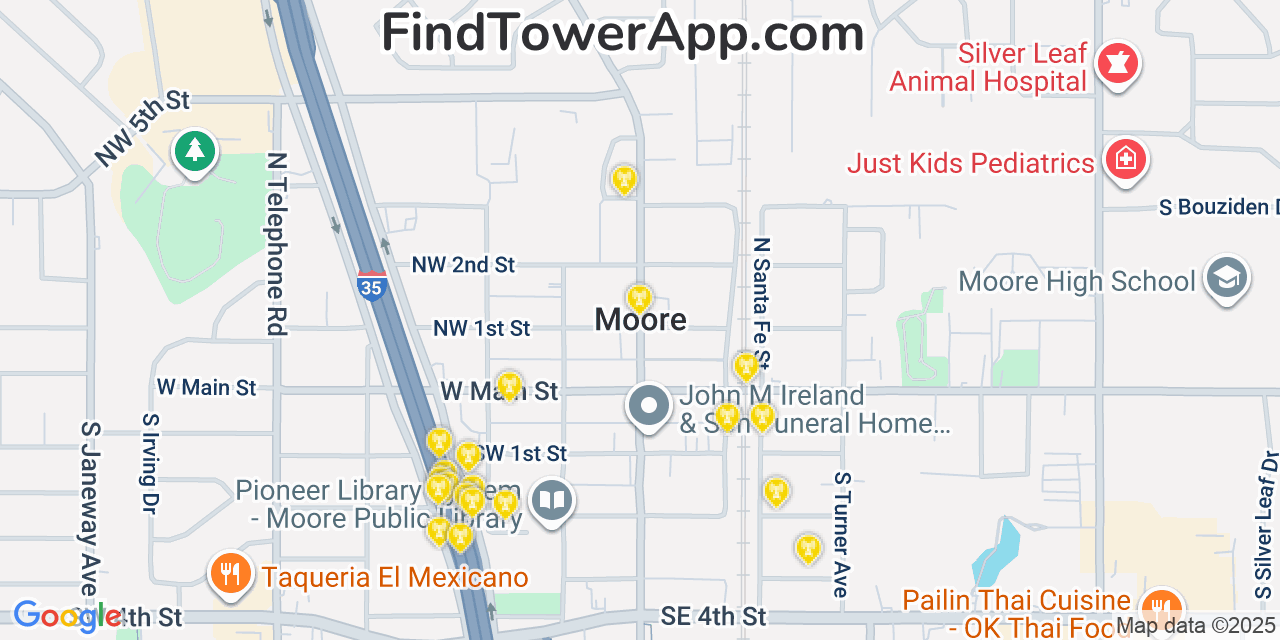 Map showing the 20 primary cell tower locations detected in Moore, Oklahoma from AT&T, Verizon, and T-Mobile networks