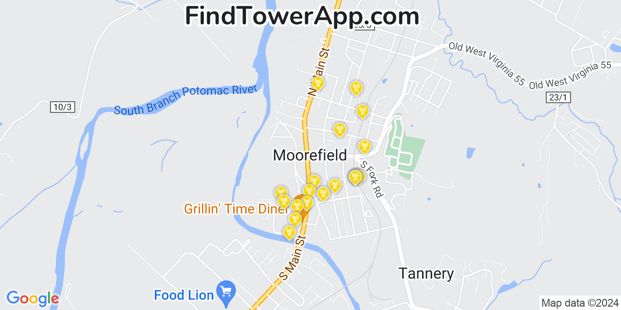 AT&T 4G/5G cell tower coverage map Moorefield, West Virginia