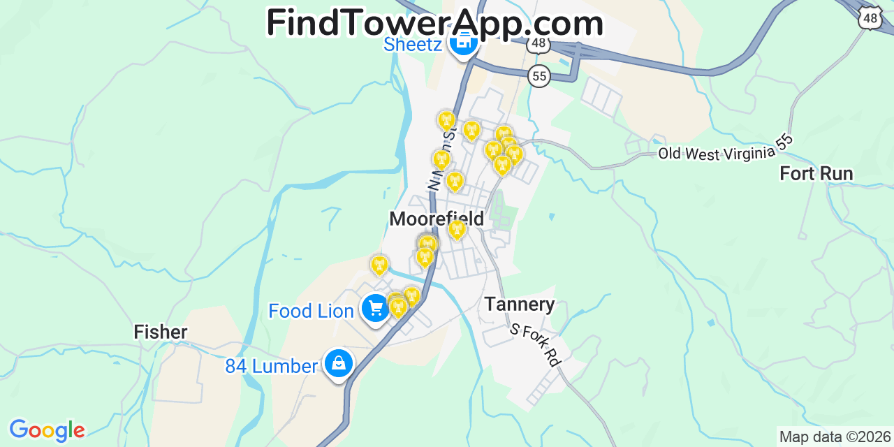Map showing the 20 primary cell tower locations detected in Moorefield, West Virginia from AT&T, Verizon, and T-Mobile networks