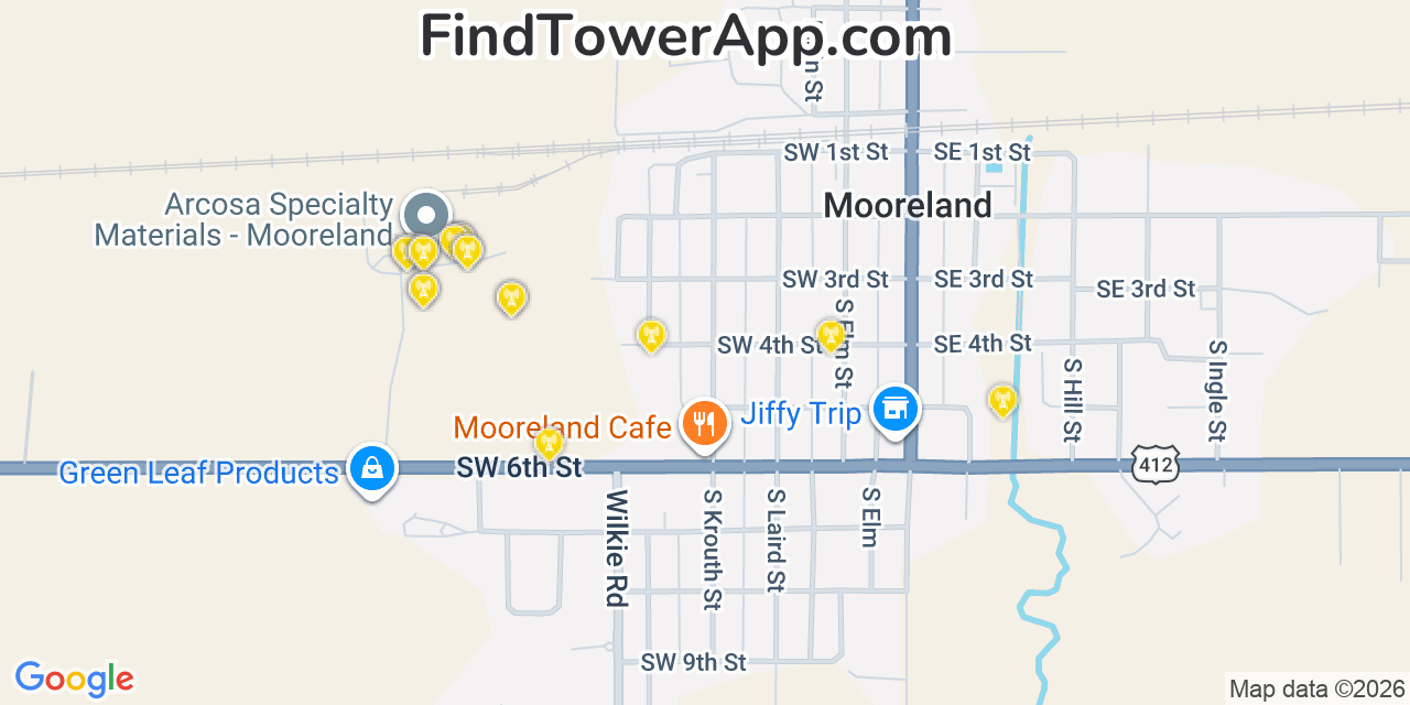 Map showing the 20 primary cell tower locations detected in Mooreland, Oklahoma from AT&T, Verizon, and T-Mobile networks