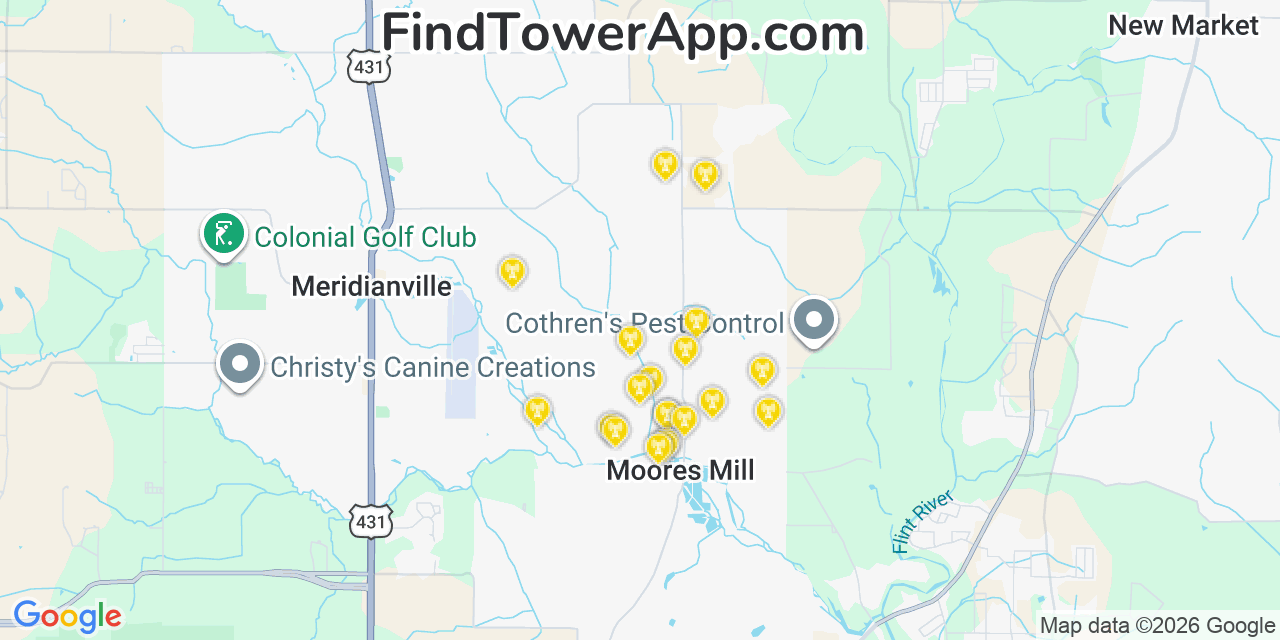 Map showing the 20 primary cell tower locations detected in Moores Mill, Alabama from AT&T, Verizon, and T-Mobile networks
