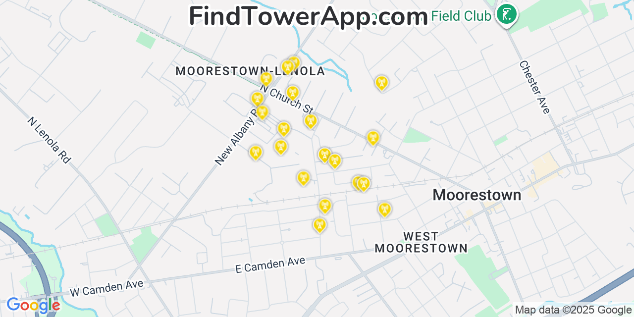 Map showing the 20 primary cell tower locations detected in Moorestown-Lenola, New Jersey from AT&T, Verizon, and T-Mobile networks