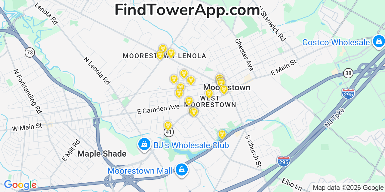 Map showing the 20 primary cell tower locations detected in Moorestown Lenola, New Jersey from AT&T, Verizon, and T-Mobile networks
