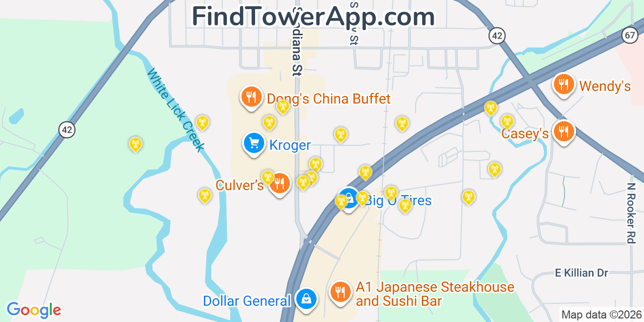 Map showing the 20 primary cell tower locations detected in Mooresville, Indiana from AT&T, Verizon, and T-Mobile networks