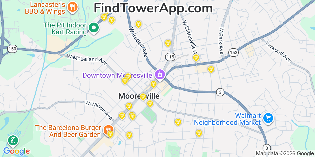 Map showing the 20 primary cell tower locations detected in Mooresville, North Carolina from AT&T, Verizon, and T-Mobile networks