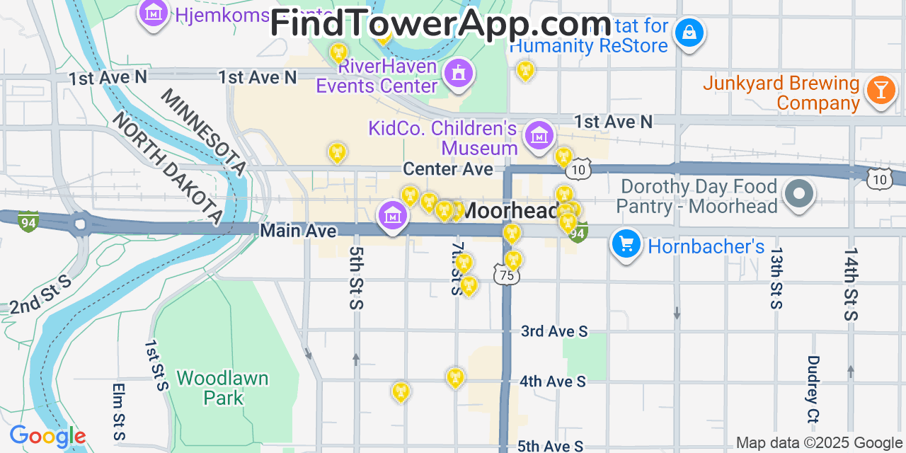 Map showing the 20 primary cell tower locations detected in Moorhead, Minnesota from AT&T, Verizon, and T-Mobile networks
