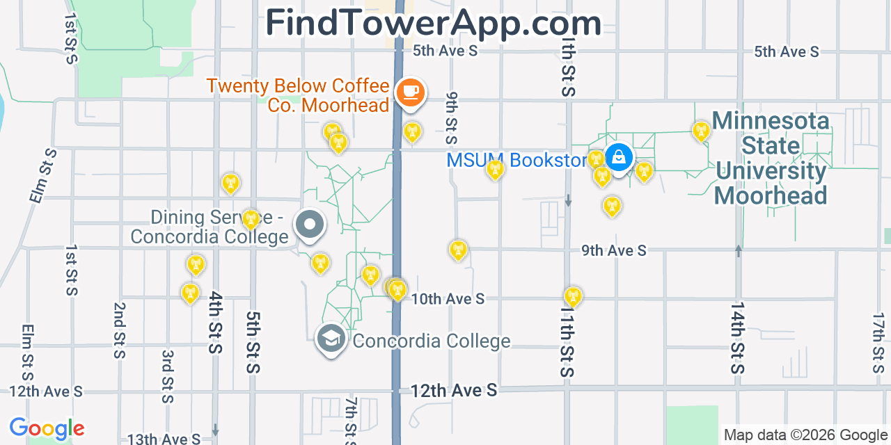 Map showing the 20 primary cell tower locations detected in Moorhead, Minnesota from AT&T, Verizon, and T-Mobile networks