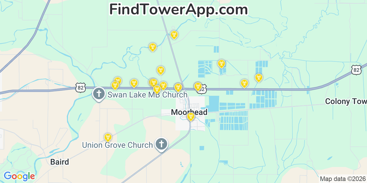Map showing the 20 primary cell tower locations detected in Moorhead, Mississippi from AT&T, Verizon, and T-Mobile networks
