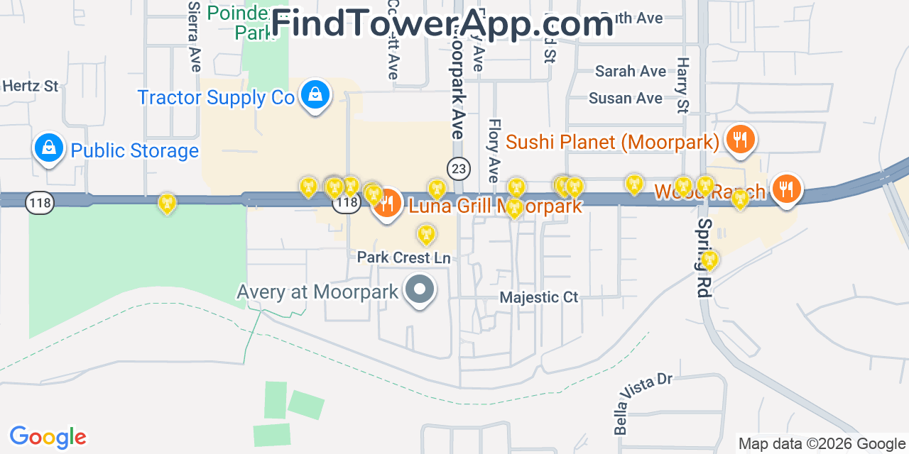Map showing the 20 primary cell tower locations detected in Moorpark, California from AT&T, Verizon, and T-Mobile networks