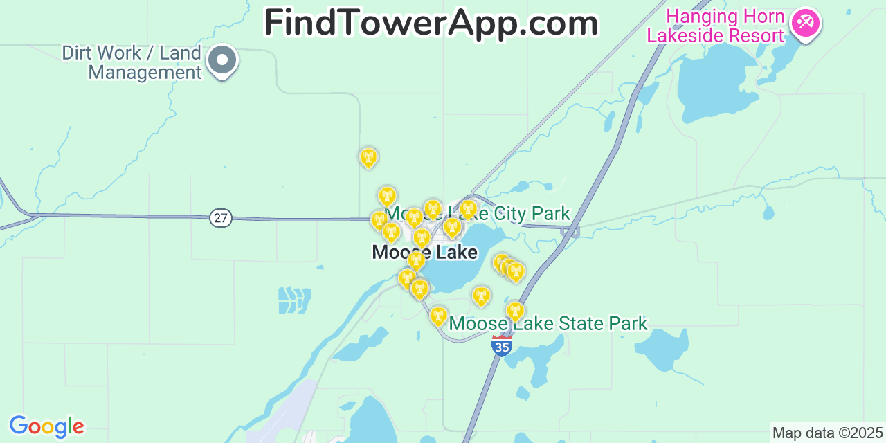 Map showing the 20 primary cell tower locations detected in Moose Lake, Minnesota from AT&T, Verizon, and T-Mobile networks
