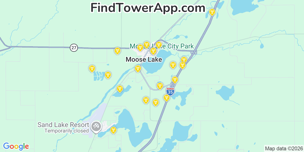 Map showing the 20 primary cell tower locations detected in Moose Lake, Minnesota from AT&T, Verizon, and T-Mobile networks