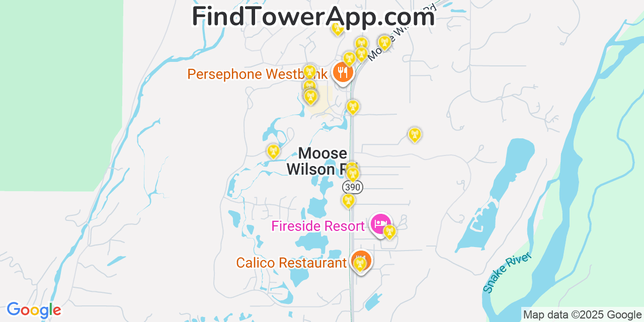 Map showing the 20 primary cell tower locations detected in Moose Wilson Road, Wyoming from AT&T, Verizon, and T-Mobile networks