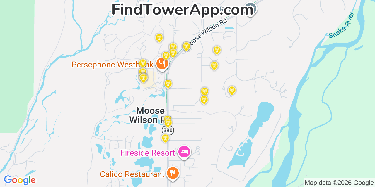 Map showing the 20 primary cell tower locations detected in Moose Wilson Road, Wyoming from AT&T, Verizon, and T-Mobile networks