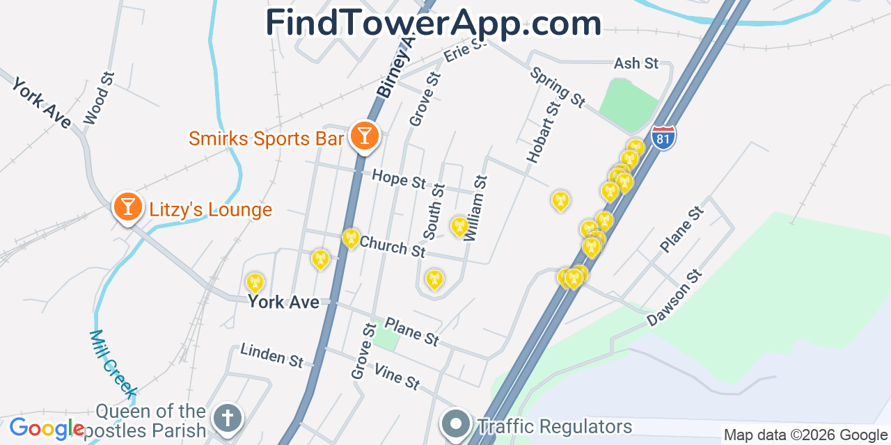 Map showing the 20 primary cell tower locations detected in Moosic, Pennsylvania from AT&T, Verizon, and T-Mobile networks