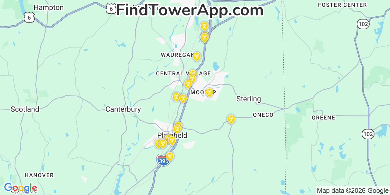 Map showing the 20 primary cell tower locations detected in Moosup, Connecticut from AT&T, Verizon, and T-Mobile networks