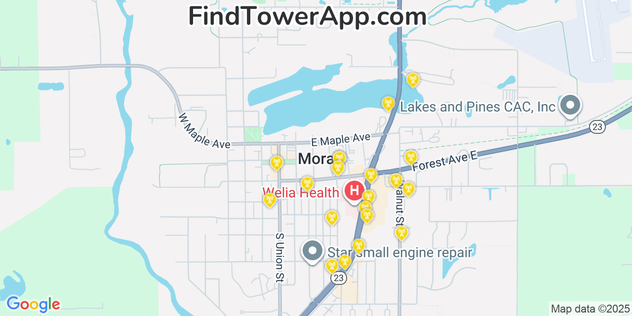 Map showing the 20 primary cell tower locations detected in Mora, Minnesota from AT&T, Verizon, and T-Mobile networks