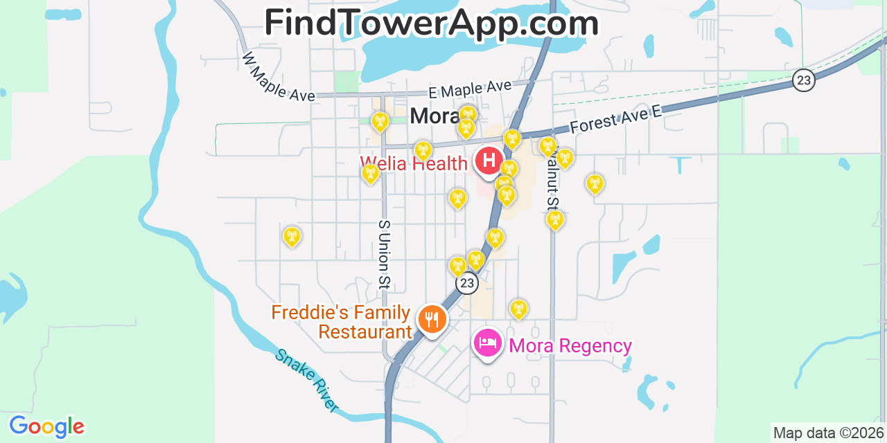 Map showing the 20 primary cell tower locations detected in Mora, Minnesota from AT&T, Verizon, and T-Mobile networks