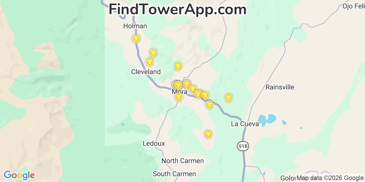 Map showing the 20 primary cell tower locations detected in Mora, New Mexico from AT&T, Verizon, and T-Mobile networks