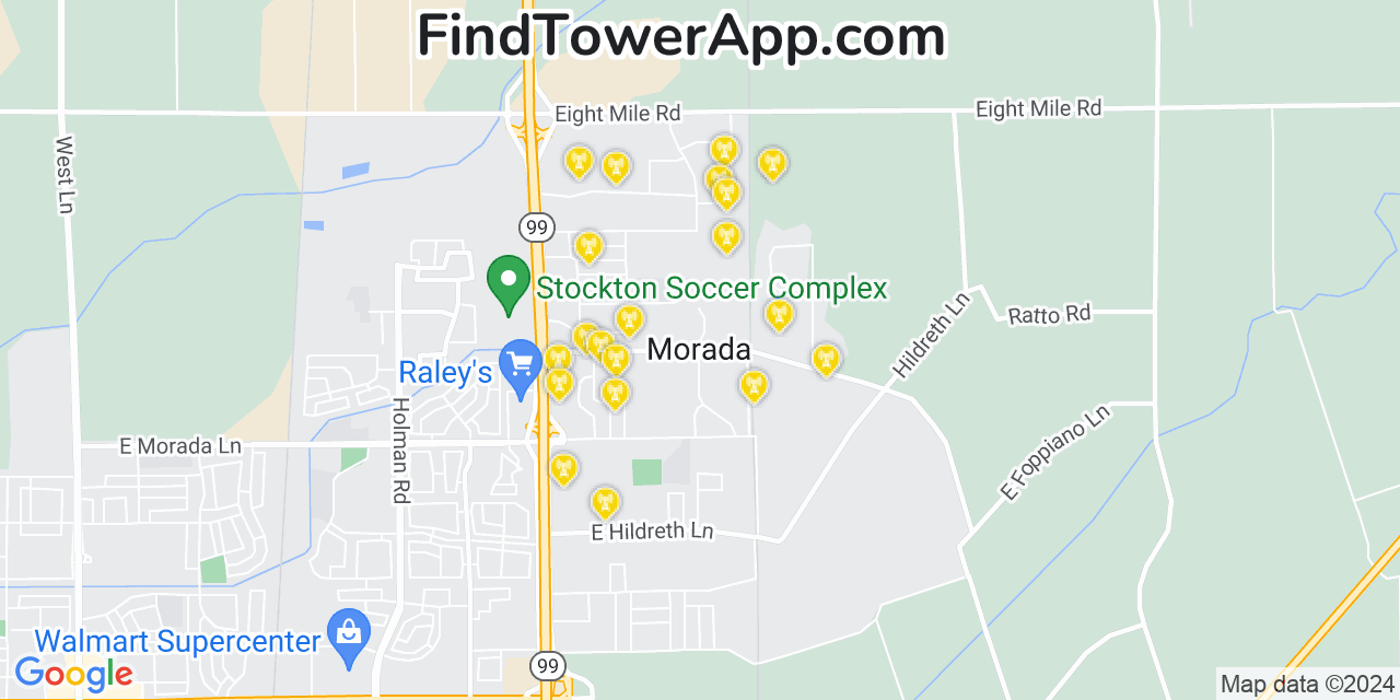 AT&T 4G/5G cell tower coverage map Morada, California