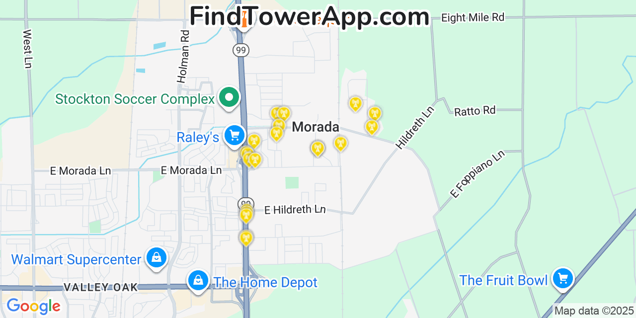 Map showing the 20 primary cell tower locations detected in Morada, California from AT&T, Verizon, and T-Mobile networks