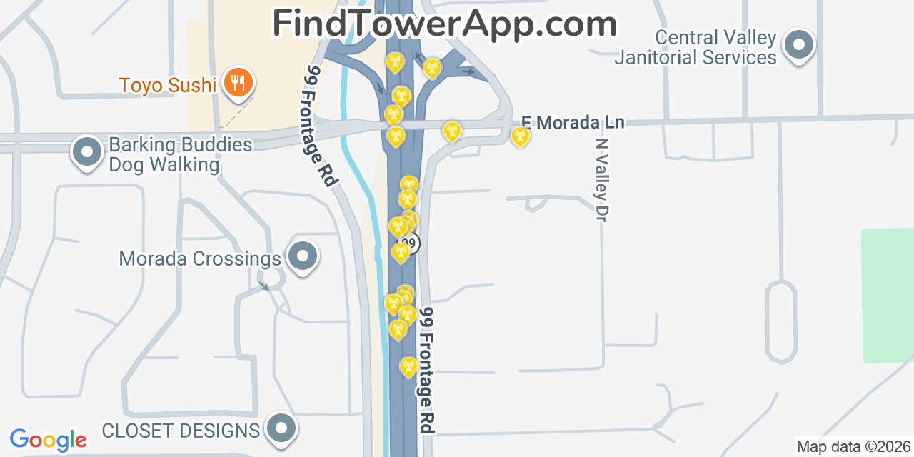 Map showing the 20 primary cell tower locations detected in Morada, California from AT&T, Verizon, and T-Mobile networks