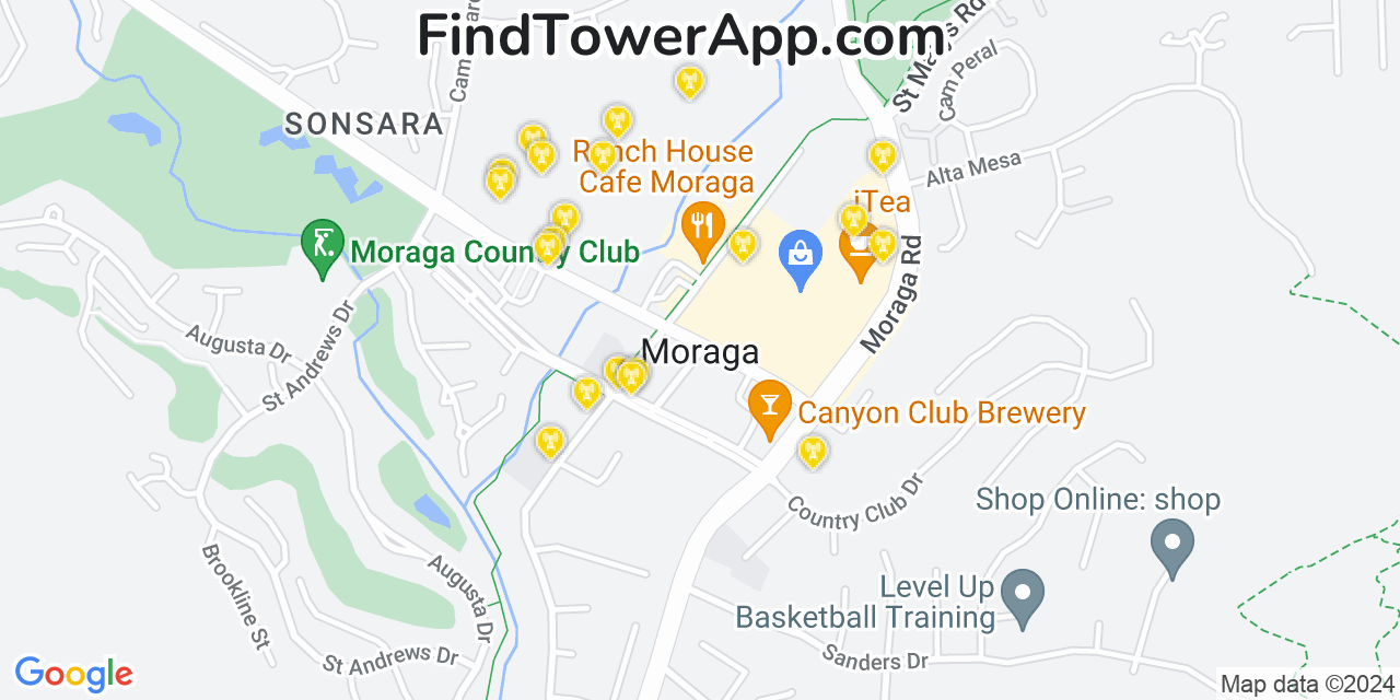 AT&T 4G/5G cell tower coverage map Moraga, California