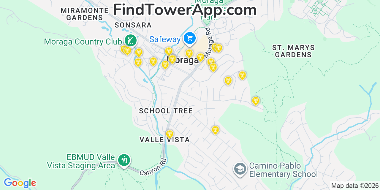 Map showing the 20 primary cell tower locations detected in Moraga, California from AT&T, Verizon, and T-Mobile networks