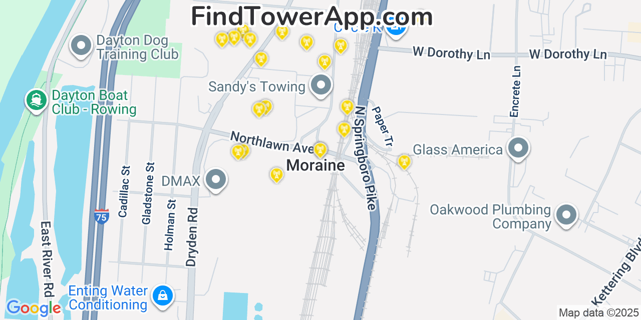 Map showing the 20 primary cell tower locations detected in Moraine, Ohio from AT&T, Verizon, and T-Mobile networks
