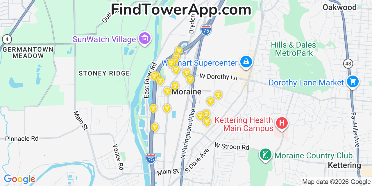 Map showing the 20 primary cell tower locations detected in Moraine, Ohio from AT&T, Verizon, and T-Mobile networks