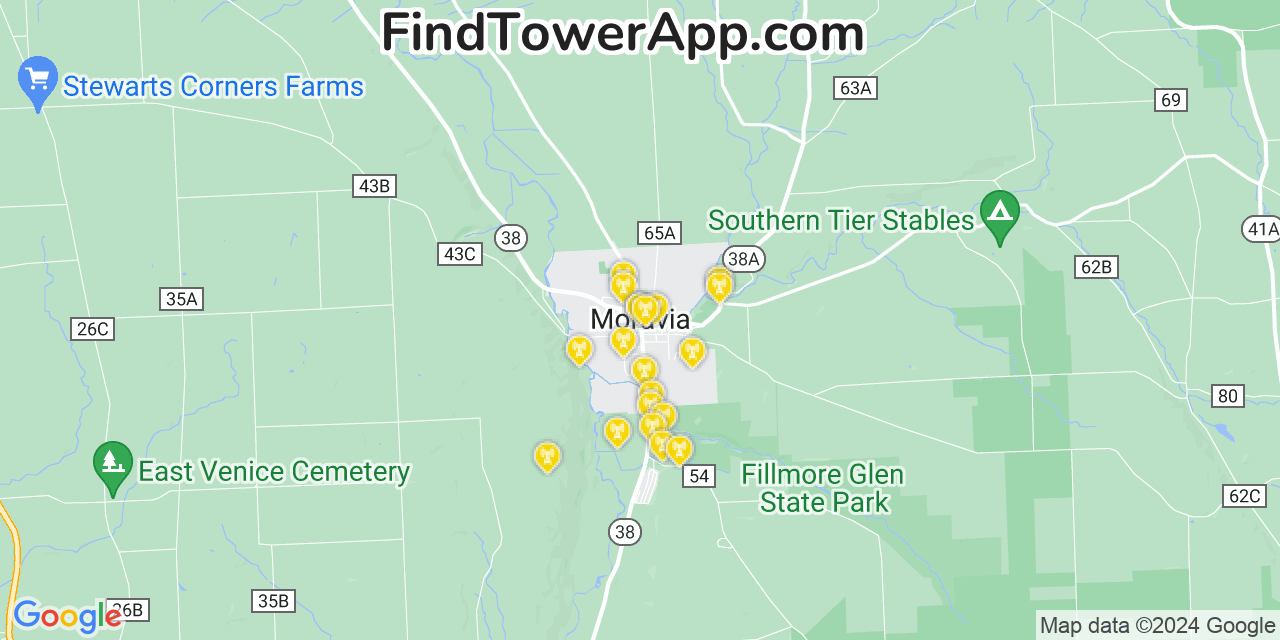 AT&T 4G/5G cell tower coverage map Moravia, New York