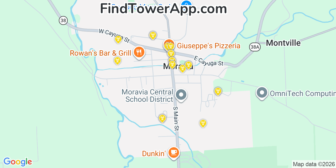 Map showing the 20 primary cell tower locations detected in Moravia, New York from AT&T, Verizon, and T-Mobile networks