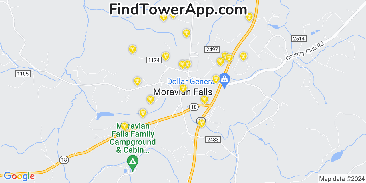 AT&T 4G/5G cell tower coverage map Moravian Falls, North Carolina