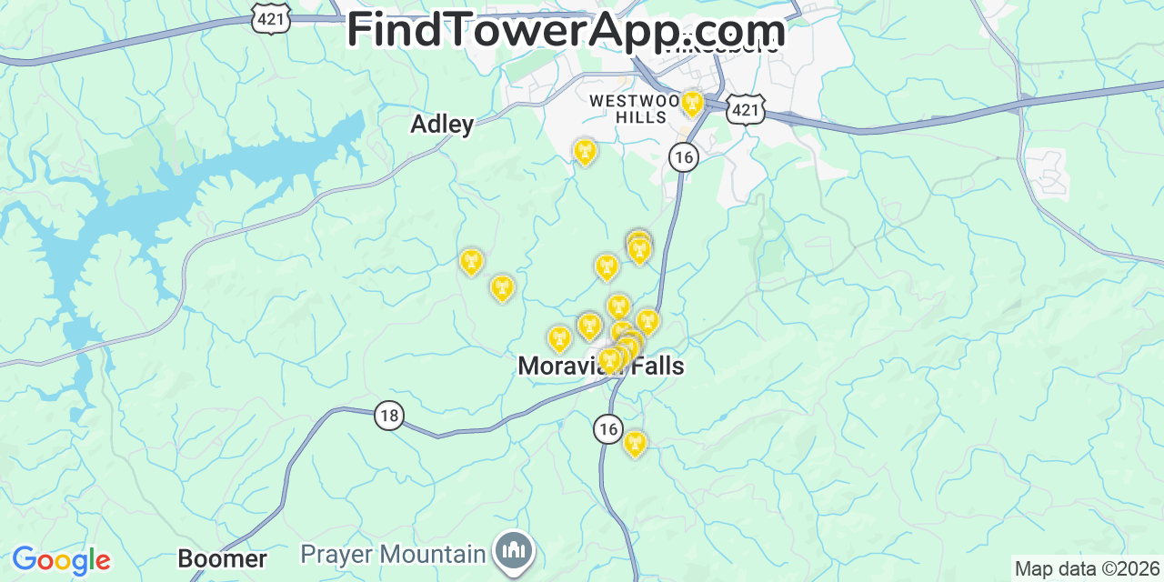 Map showing the 20 primary cell tower locations detected in Moravian Falls, North Carolina from AT&T, Verizon, and T-Mobile networks