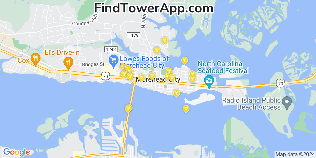 AT&T 4G/5G cell tower coverage map Morehead City, North Carolina