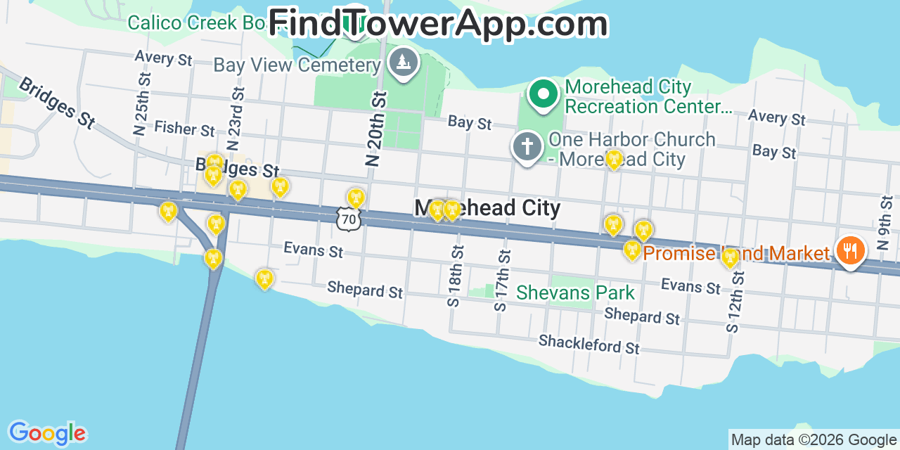 Map showing the 20 primary cell tower locations detected in Morehead City, North Carolina from AT&T, Verizon, and T-Mobile networks