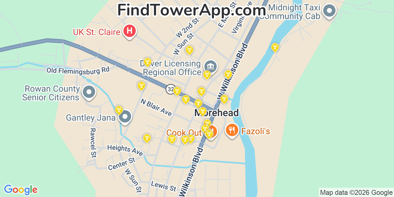 Map showing the 20 primary cell tower locations detected in Morehead, Kentucky from AT&T, Verizon, and T-Mobile networks