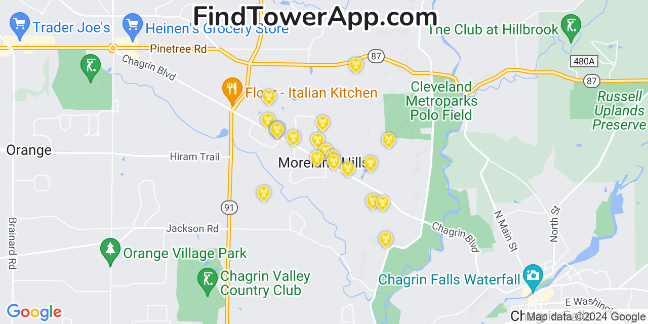 AT&T 4G/5G cell tower coverage map Moreland Hills, Ohio