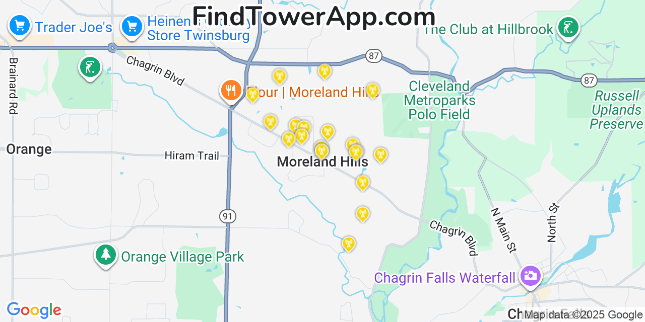 Map showing the 20 primary cell tower locations detected in Moreland Hills, Ohio from AT&T, Verizon, and T-Mobile networks