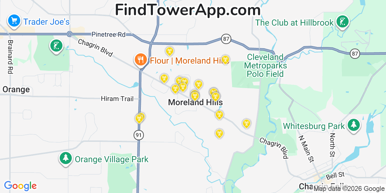 Map showing the 20 primary cell tower locations detected in Moreland Hills, Ohio from AT&T, Verizon, and T-Mobile networks
