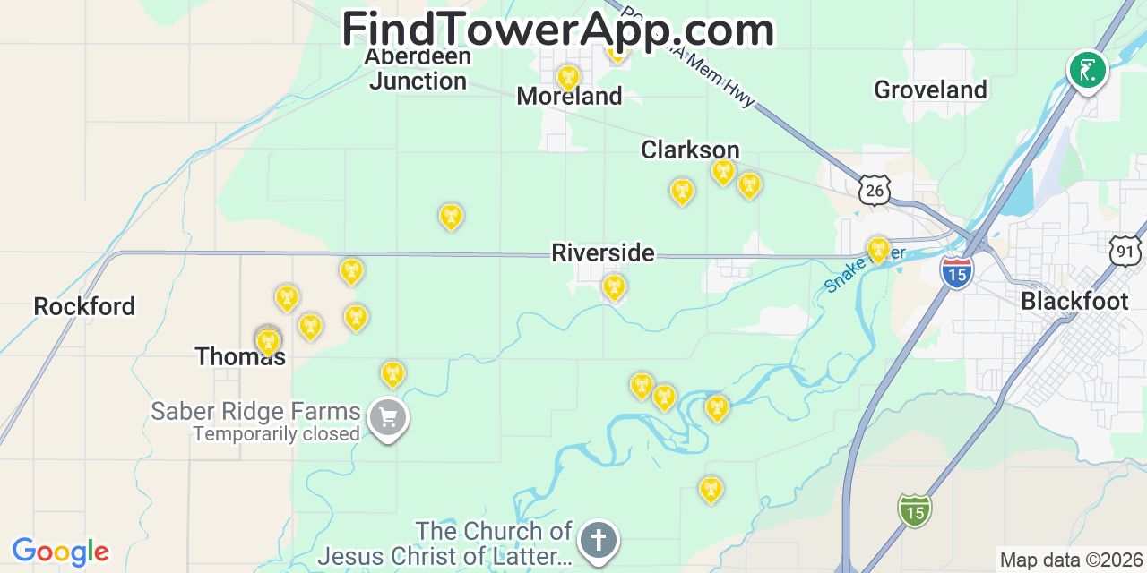 Map showing the 20 primary cell tower locations detected in Moreland, Idaho from AT&T, Verizon, and T-Mobile networks