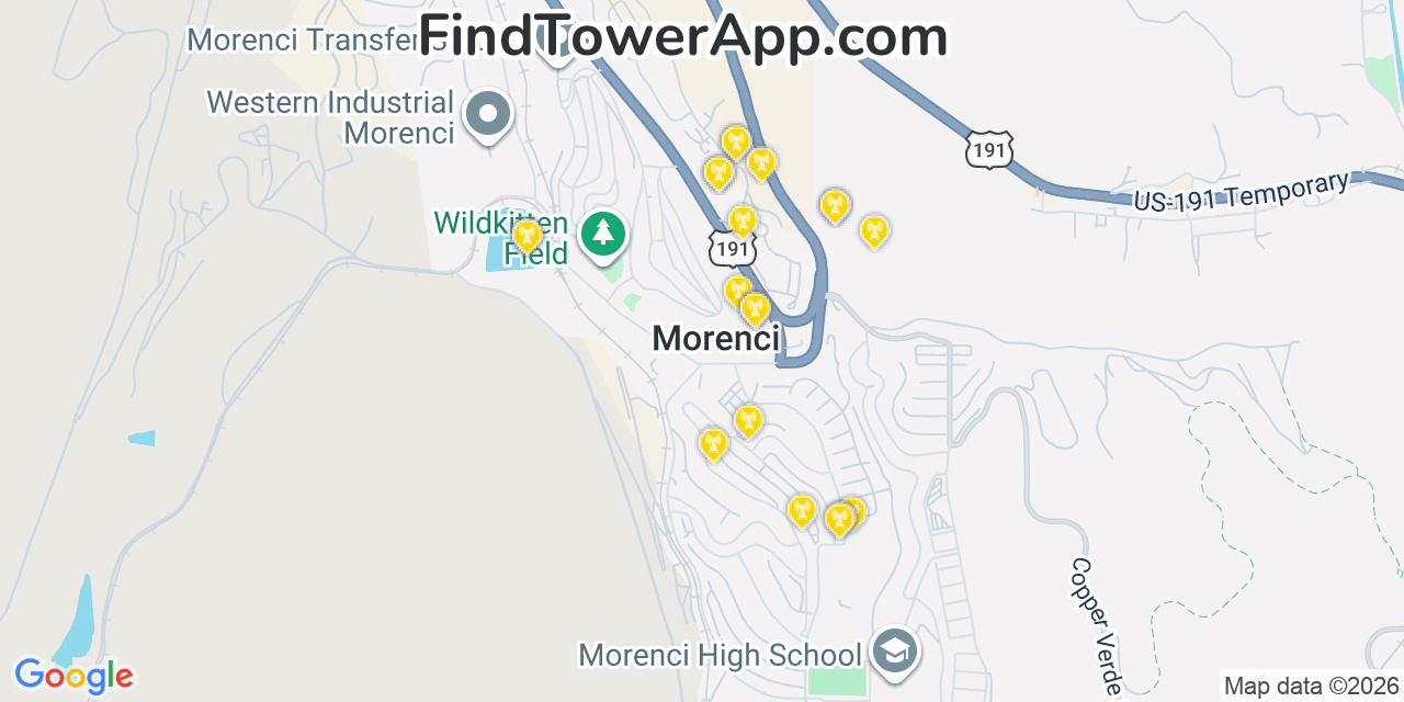 Map showing the 20 primary cell tower locations detected in Morenci, Arizona from AT&T, Verizon, and T-Mobile networks