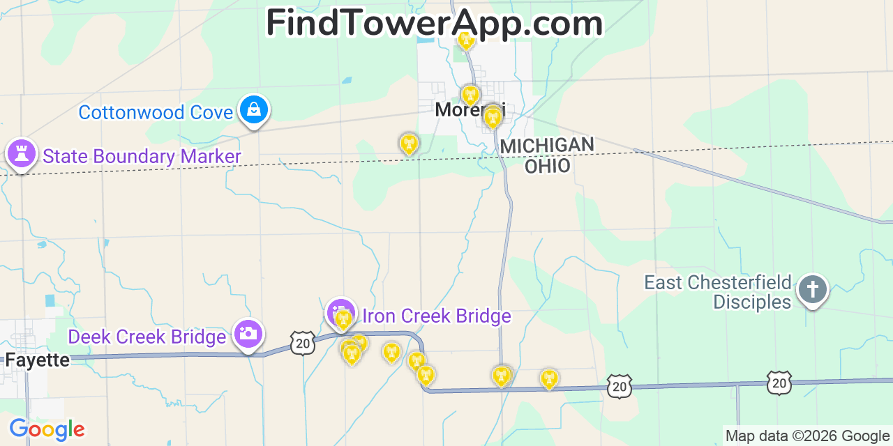 Map showing the 20 primary cell tower locations detected in Morenci, Michigan from AT&T, Verizon, and T-Mobile networks