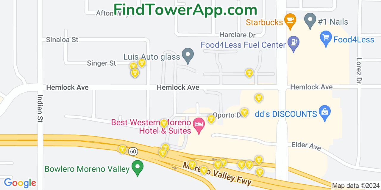 AT&T 4G/5G cell tower coverage map Moreno Valley, California