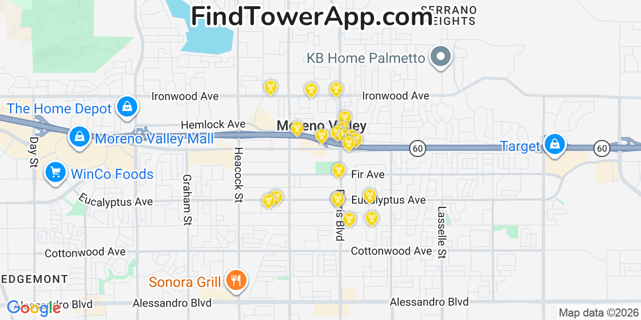 Map showing the 20 primary cell tower locations detected in Moreno Valley, California from AT&T, Verizon, and T-Mobile networks
