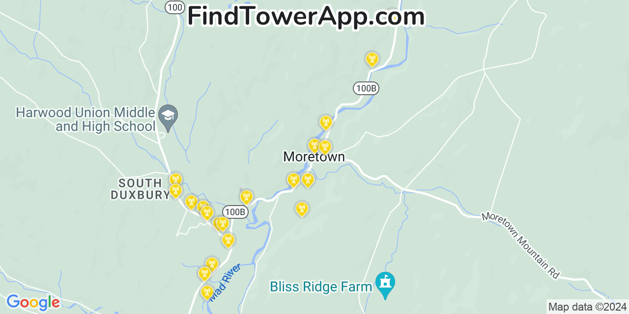 AT&T 4G/5G cell tower coverage map Moretown, Vermont