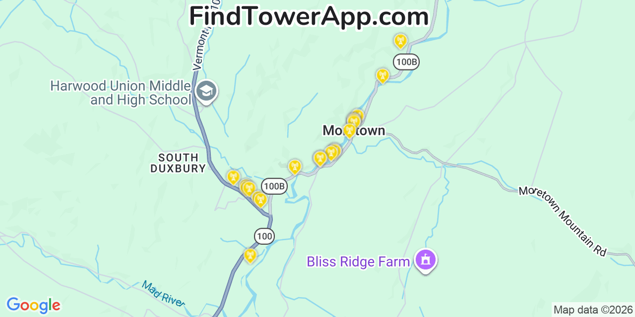 Map showing the 20 primary cell tower locations detected in Moretown, Vermont from AT&T, Verizon, and T-Mobile networks