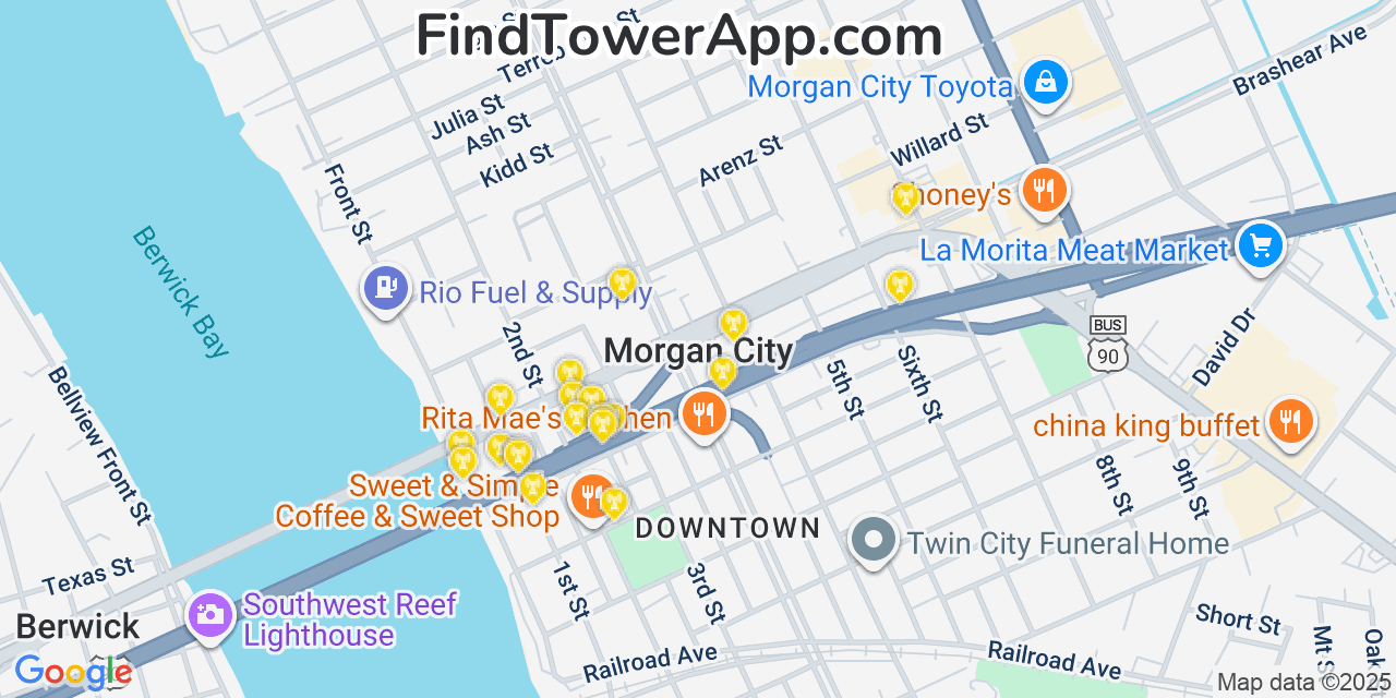 Map showing the 20 primary cell tower locations detected in Morgan City, Louisiana from AT&T, Verizon, and T-Mobile networks